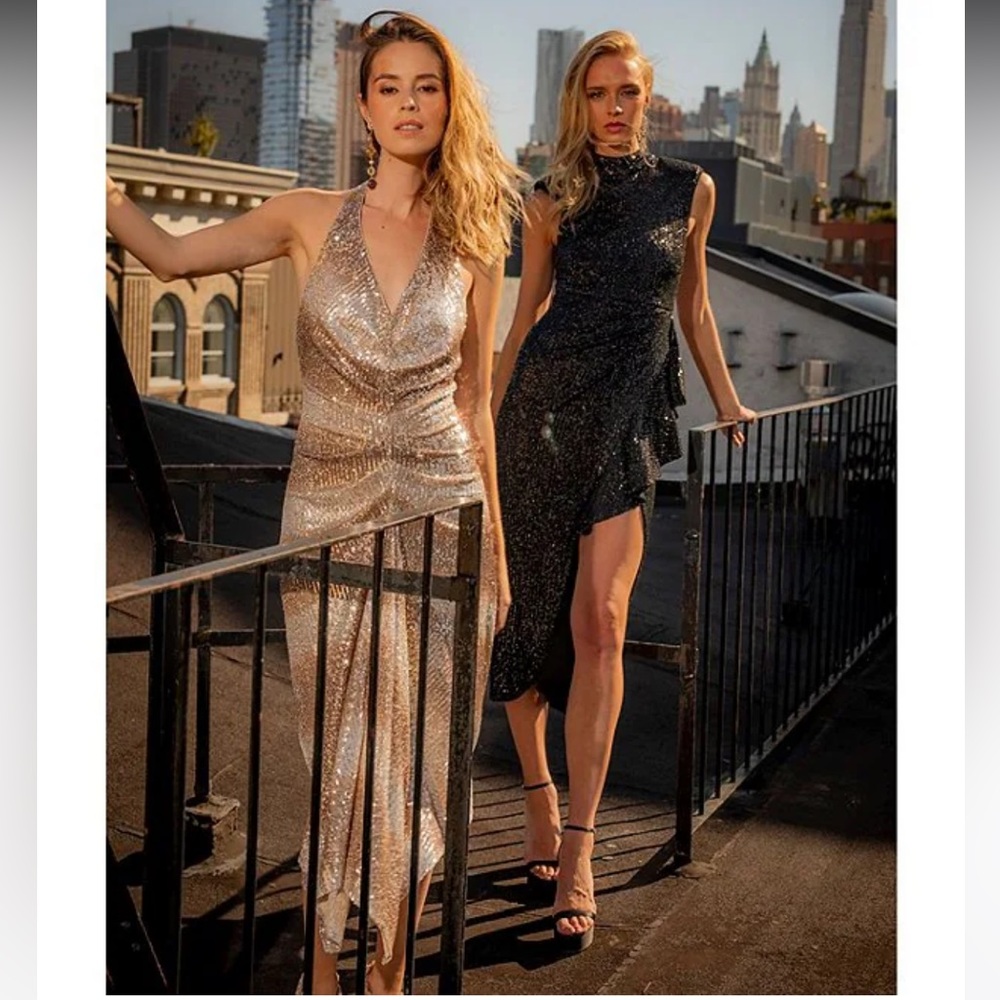 NWT Belle Badgley Mischka Julia Sequin Ruched Ombre  Drape Front Dress - Picture 2 of 9